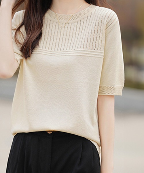 Miniministore(ミニミニストア)の「サマーニット クールネックメッシュニット(ニット/セーター・レディース・ブラック/カーキ/ベージュ/モカ/ホワイト・FREE)」の14枚目の写真