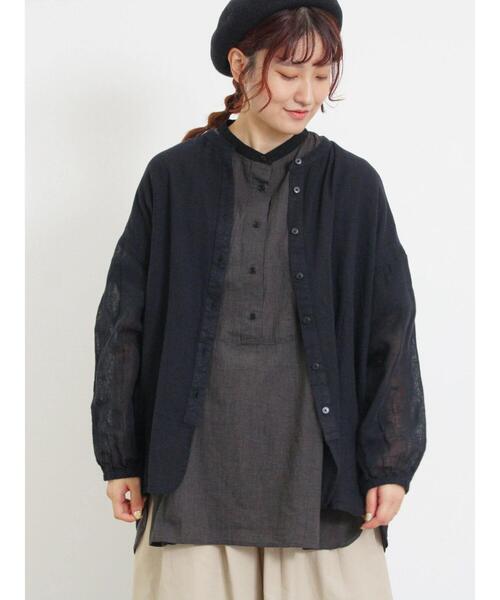 Samansa Mos2（サマンサ モスモス）の「ガーゼバンドカラーシャツ（シャツ/ブラウス・レディース・キナリ/グリーン/ブラック/マスタード・F）」の3枚目の写真