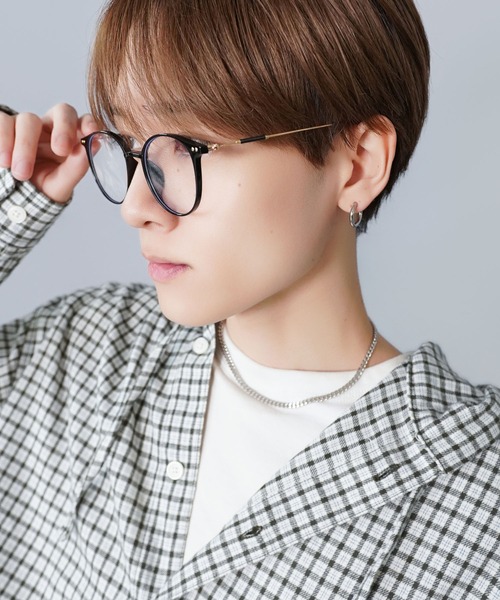 ゴールドテンプルボストン型伊達メガネ/細フレーム/黒縁/ユニセックス