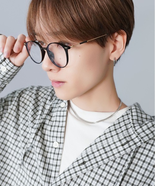 ゴールドテンプルボストン型伊達メガネ/細フレーム/黒縁/ユニセックス