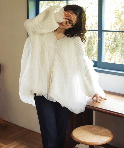 Lajour（ラジュール）の「[日本製]チュールカーディガン（カーディガン/ボレロ・レディース・ブラック/アイボリー・フリー）」の7枚目の写真