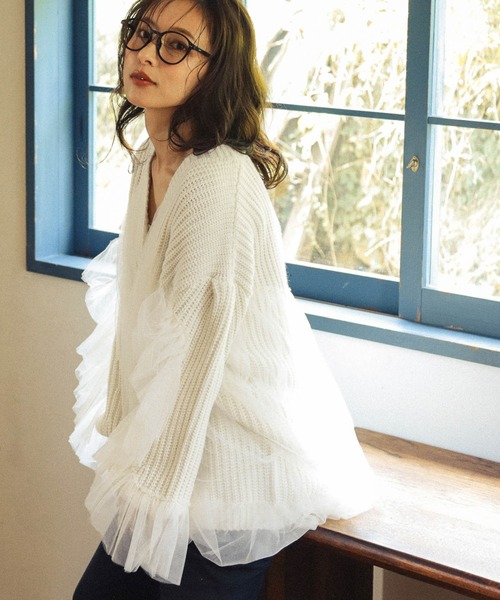 Lajour（ラジュール）の「[日本製]チュールカーディガン（カーディガン/ボレロ・レディース・ブラック/アイボリー・フリー）」の14枚目の写真