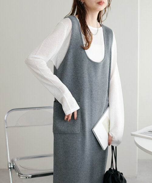 DISCOAT ノースリーブニットワンピース Fサイズ グレー/ブラック DISCOAT（ディスコート）の「深Uネックノースリニットワンピース《WEB