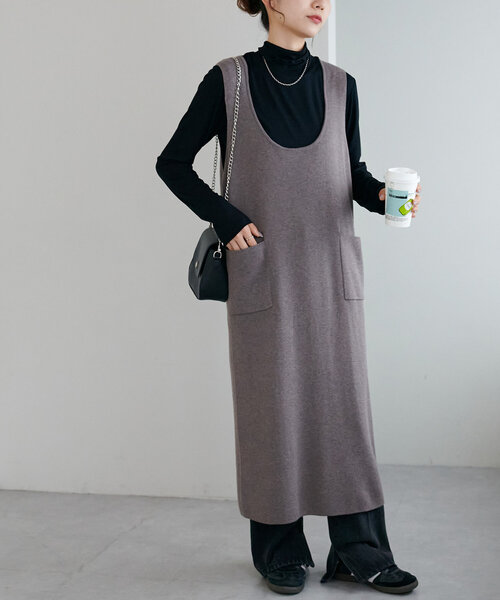 DISCOAT ノースリーブニットワンピース Fサイズ グレー/ブラック DISCOAT（ディスコート）の「深Uネックノースリニットワンピース《WEB