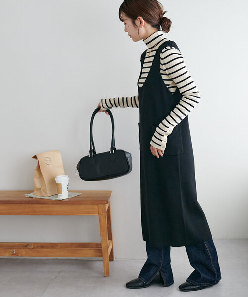 DISCOAT ノースリーブニットワンピース Fサイズ グレー/ブラック DISCOAT（ディスコート）の「深Uネックノースリニットワンピース《WEB