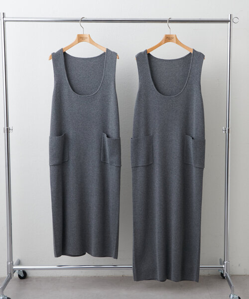 DISCOAT ノースリーブニットワンピース Fサイズ グレー/ブラック セットアイテム】ベスト付ランダムリブニットワンピース《WEB限定