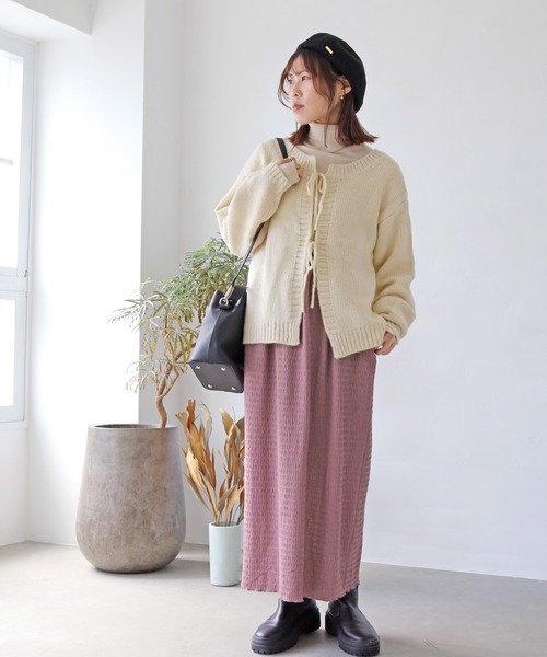 Crisp（クリスプ）の「2wayリボンニットカーディガン（ニット/セーター・レディース・レッド/アイボリー/グレイッシュベージュ・FREE）」の4枚目の写真