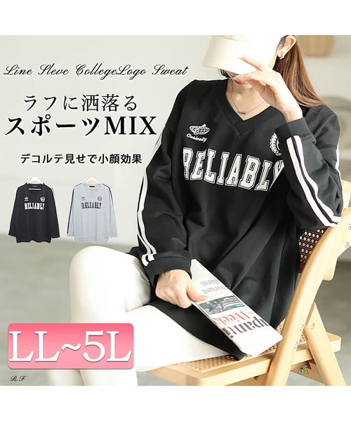 GOLDJAPAN(ゴールドジャパン)の「袖ラインVネックロゴスウェット【大きいサイズ対応】(スウェット・レディース・ブラック/杢グレー・LL/3L/4L/5L)」の3枚目の写真