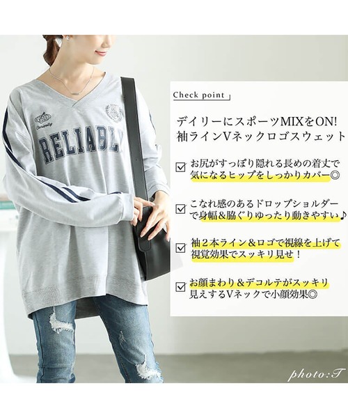 GOLDJAPAN(ゴールドジャパン)の「袖ラインVネックロゴスウェット【大きいサイズ対応】(スウェット・レディース・ブラック/杢グレー・LL/3L/4L/5L)」の4枚目の写真
