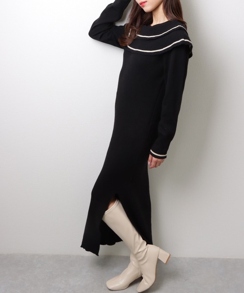 Lace Ladies(レースレディース)の「ビッグカラー 配色 ライン サイド スリット ニット ワンピース(ワンピース・レディース・ブラック/ベージュ/グレー・FREE/S)」の6枚目の写真