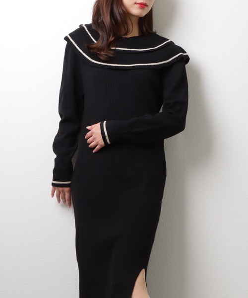 Lace Ladies(レースレディース)の「ビッグカラー 配色 ライン サイド スリット ニット ワンピース(ワンピース・レディース・ブラック/ベージュ/グレー・FREE/S)」の7枚目の写真