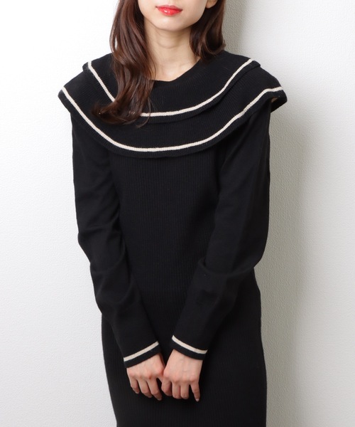 Lace Ladies(レースレディース)の「ビッグカラー 配色 ライン サイド スリット ニット ワンピース(ワンピース・レディース・ブラック/ベージュ/グレー・FREE/S)」の8枚目の写真