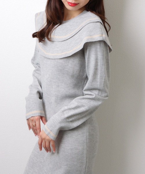 Lace Ladies(レースレディース)の「ビッグカラー 配色 ライン サイド スリット ニット ワンピース(ワンピース・レディース・ブラック/ベージュ/グレー・FREE/S)」の10枚目の写真
