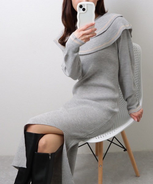 Lace Ladies(レースレディース)の「ビッグカラー 配色 ライン サイド スリット ニット ワンピース(ワンピース・レディース・ブラック/ベージュ/グレー・FREE/S)」の12枚目の写真