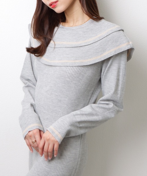 Lace Ladies(レースレディース)の「ビッグカラー 配色 ライン サイド スリット ニット ワンピース(ワンピース・レディース・ブラック/ベージュ/グレー・FREE/S)」の13枚目の写真