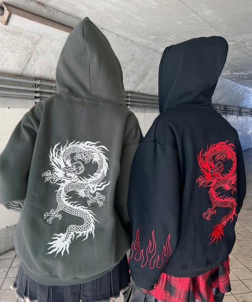 セール】【裏起毛】ドラゴン刺繍ビッグZIPパーカー（パーカー