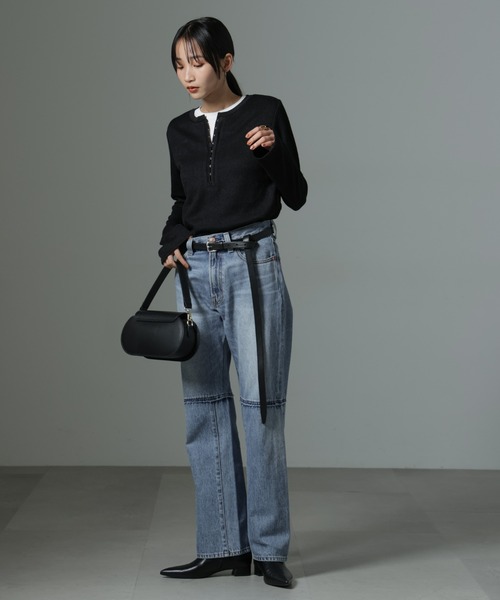 NANO universe(ナノユニバース)の「ホックヘンリーネックベルスリーブリブトップス(Tシャツ/カットソー・レディース・ライトベージュ/キャメル/ブラック・FREE)」の19枚目の写真