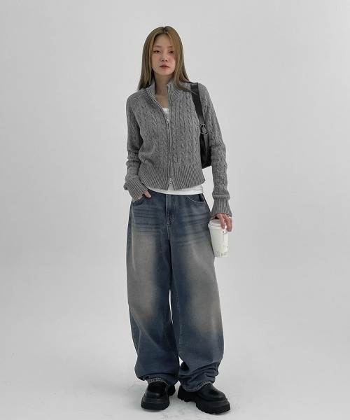 BLACKUP（ブラックアップ）の「[MADE] ベーシックケーブルニットジップアップ（パーカー・レディース・ブラック/グレー・ONESIZE）」の17枚目の写真