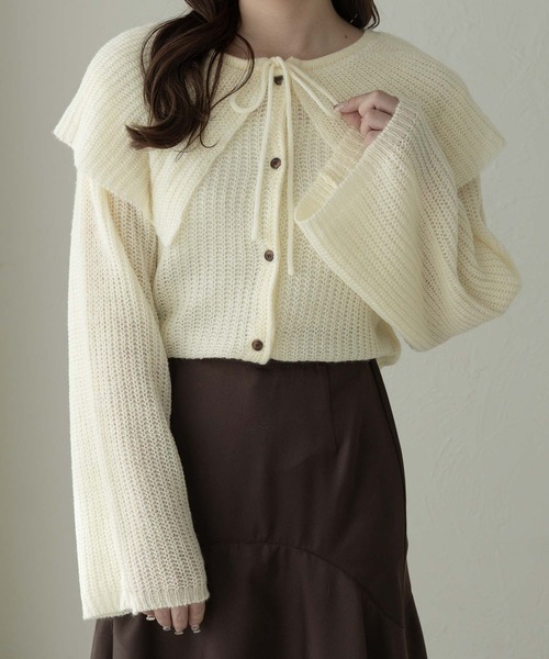 Ambre Neige（アンブルネージュ）の「big collar ribbon knit cardigan / ビックカラーリボンニットカーディガン（カーディガン/ボレロ・レディース・グレー/ライトブルー/アイボリー・FREE）」の2枚目の写真