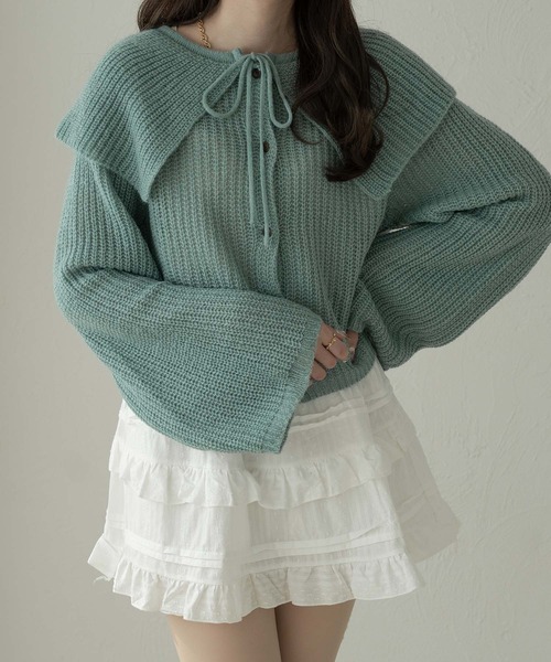Ambre Neige（アンブルネージュ）の「big collar ribbon knit cardigan / ビックカラーリボンニットカーディガン（カーディガン/ボレロ・レディース・グレー/ライトブルー/アイボリー・FREE）」の14枚目の写真