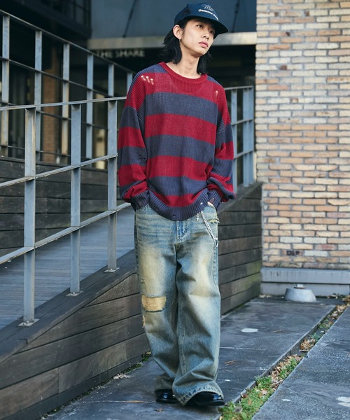 WEGO（ウィゴー）の「WEGO/ボーダーダメージニットプルオーバー（ニット/セーター・メンズ・レッド系その他5/グレー系その他5・LARGE/MEDIUM）」の14枚目の写真