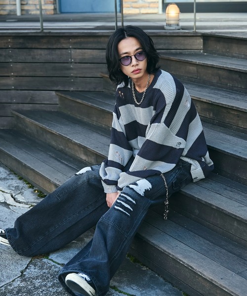 WEGO（ウィゴー）の「WEGO/ボーダーダメージニットプルオーバー（ニット/セーター・メンズ・レッド系その他5/グレー系その他5・LARGE/MEDIUM）」の13枚目の写真