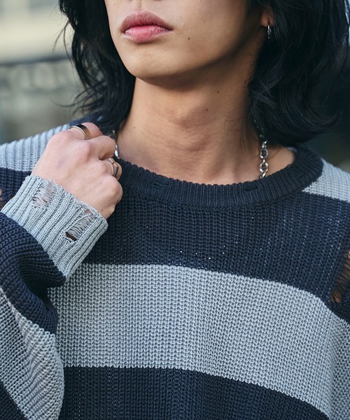 WEGO（ウィゴー）の「WEGO/ボーダーダメージニットプルオーバー（ニット/セーター・メンズ・レッド系その他5/グレー系その他5・LARGE/MEDIUM）」の15枚目の写真