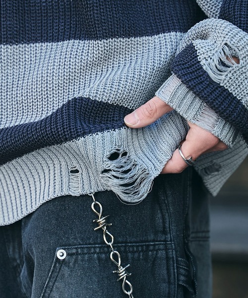 WEGO（ウィゴー）の「WEGO/ボーダーダメージニットプルオーバー（ニット/セーター・メンズ・レッド系その他5/グレー系その他5・LARGE/MEDIUM）」の17枚目の写真