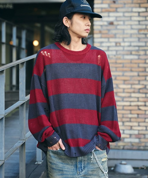 セール】WEGO/【25年春夏新作】ボーダーダメージニットプル