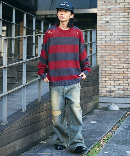 WEGO（ウィゴー）の「WEGO/ボーダーダメージニットプルオーバー（ニット/セーター・メンズ・レッド系その他5/グレー系その他5・LARGE/MEDIUM）」の20枚目の写真