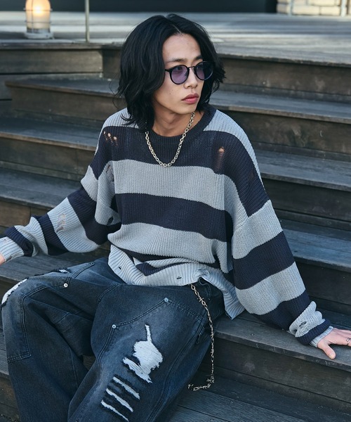 WEGO（ウィゴー）の「WEGO/ボーダーダメージニットプルオーバー（ニット/セーター・メンズ・レッド系その他5/グレー系その他5・LARGE/MEDIUM）」の21枚目の写真