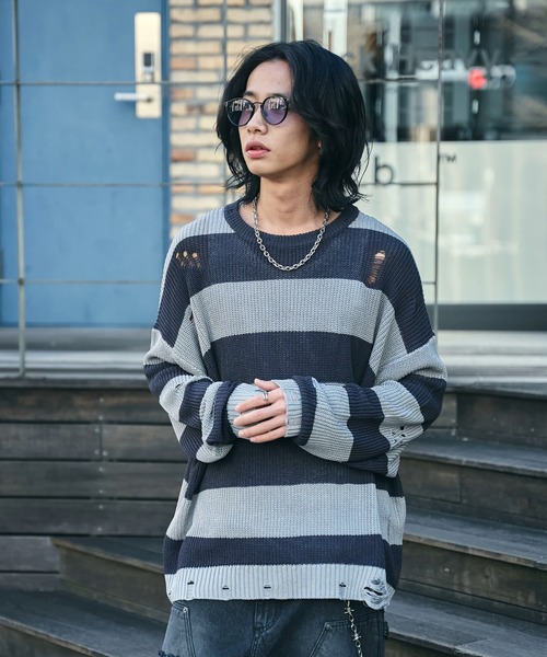 WEGO（ウィゴー）の「WEGO/ボーダーダメージニットプルオーバー（ニット/セーター・メンズ・レッド系その他5/グレー系その他5・LARGE/MEDIUM）」の22枚目の写真