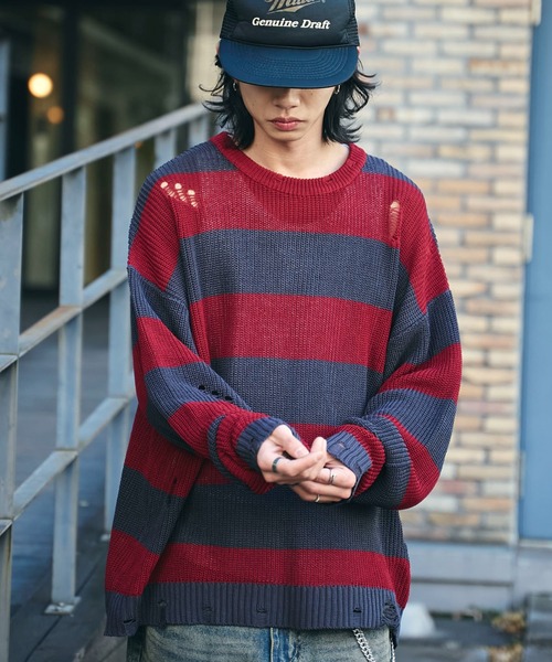 WEGO（ウィゴー）の「WEGO/ボーダーダメージニットプルオーバー（ニット/セーター・メンズ・レッド系その他5/グレー系その他5・LARGE/MEDIUM）」の10枚目の写真