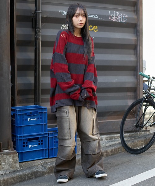 WEGO（ウィゴー）の「WEGO/ボーダーダメージニットプルオーバー（ニット/セーター・メンズ・レッド系その他5/グレー系その他5・LARGE/MEDIUM）」の9枚目の写真