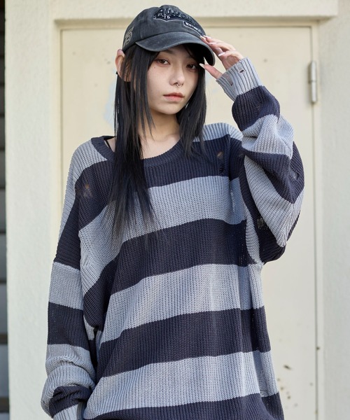 WEGO（ウィゴー）の「WEGO/ボーダーダメージニットプルオーバー（ニット/セーター・メンズ・レッド系その他5/グレー系その他5・LARGE/MEDIUM）」の5枚目の写真