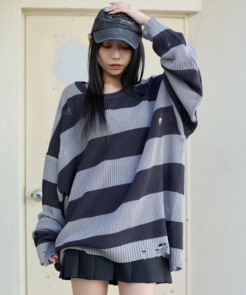 WEGO（ウィゴー）の「WEGO/ボーダーダメージニットプルオーバー（ニット/セーター・メンズ・レッド系その他5/グレー系その他5・LARGE/MEDIUM）」の6枚目の写真