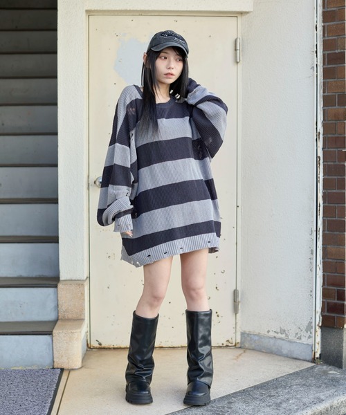 WEGO（ウィゴー）の「WEGO/ボーダーダメージニットプルオーバー（ニット/セーター・メンズ・レッド系その他5/グレー系その他5・LARGE/MEDIUM）」の7枚目の写真