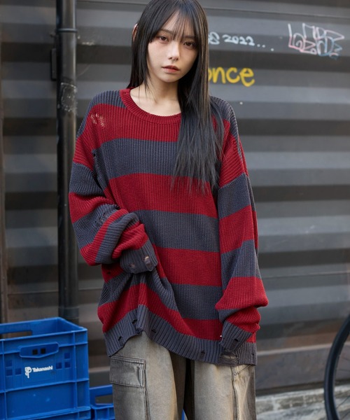 WEGO（ウィゴー）の「WEGO/ボーダーダメージニットプルオーバー（ニット/セーター・メンズ・レッド系その他5/グレー系その他5・LARGE/MEDIUM）」の11枚目の写真