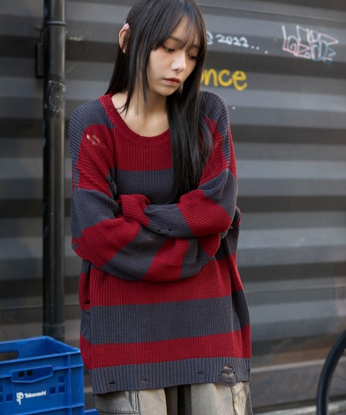 WEGO（ウィゴー）の「WEGO/ボーダーダメージニットプルオーバー（ニット/セーター・メンズ・レッド系その他5/グレー系その他5・LARGE/MEDIUM）」の12枚目の写真