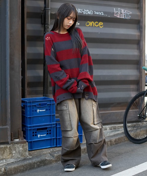 WEGO（ウィゴー）の「WEGO/ボーダーダメージニットプルオーバー（ニット/セーター・メンズ・レッド系その他5/グレー系その他5・LARGE/MEDIUM）」の3枚目の写真