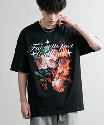 オーバーサイズ ファイヤーフラワーグラフィックプリントクルーネック半袖Tシャツ