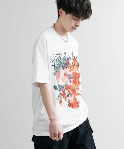 Rocky Monroe(ロッキーモンロー)の「オーバーサイズ ファイヤーフラワーグラフィックプリントクルーネック半袖Tシャツ(Tシャツ/カットソー・メンズ・ブラック/ホワイト・XL/L/M)」の7枚目の写真