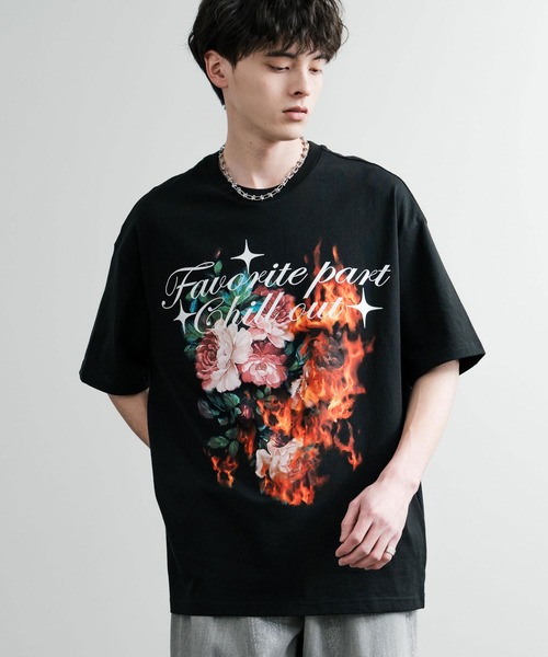 Rocky Monroe(ロッキーモンロー)の「オーバーサイズ ファイヤーフラワーグラフィックプリントクルーネック半袖Tシャツ(Tシャツ/カットソー・メンズ・ブラック/ホワイト・XL/L/M)」の9枚目の写真