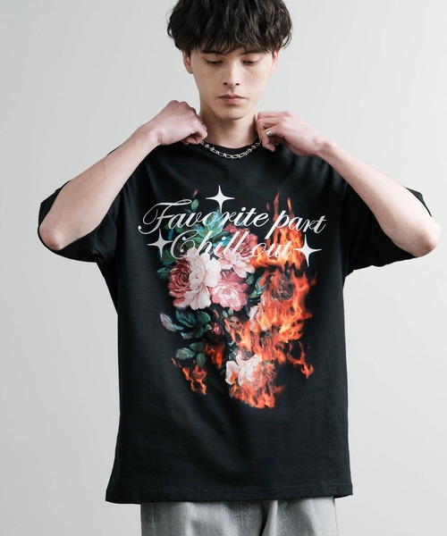 Rocky Monroe(ロッキーモンロー)の「オーバーサイズ ファイヤーフラワーグラフィックプリントクルーネック半袖Tシャツ(Tシャツ/カットソー・メンズ・ブラック/ホワイト・XL/L/M)」の10枚目の写真