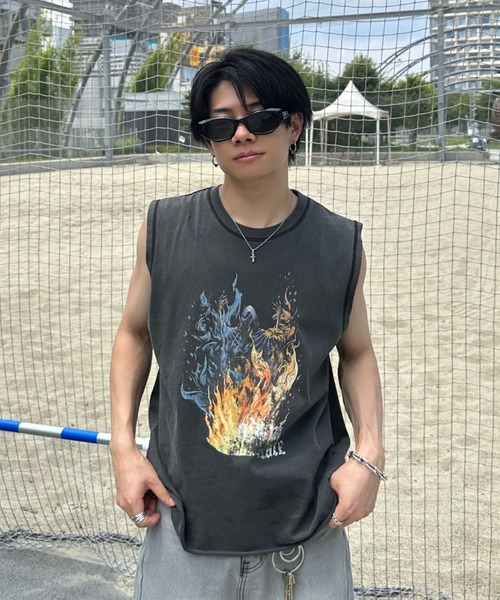 セール】cutoff graphic pigment sleeveless T-shirt - カット