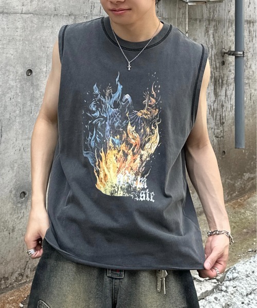 ADAMASTE(アダマスト)の「cutoff graphic pigment sleeveless T-shirt - カットオフグラフィックピグメントノースリーブ(Tシャツ/カットソー・メンズ・ブラック系その他/ブラック系その他2・MEDIUM/LARGE)」の7枚目の写真