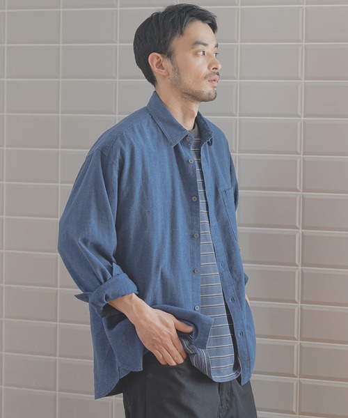 BAYFLOW（ベイフロー）の「[幅広いシーンで活躍]ストレッチリネンシャツ（シャツ/ブラウス・メンズ・ピンク/チャコール/オフホワイト/ブルー・MEDIUM/LARGE）」の3枚目の写真