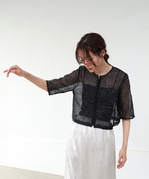 Bab(バブ)の「フロントホック刺繍ブラウスジャケット(ノーカラージャケット・レディース・アイボリー/ブラック・M)」の11枚目の写真