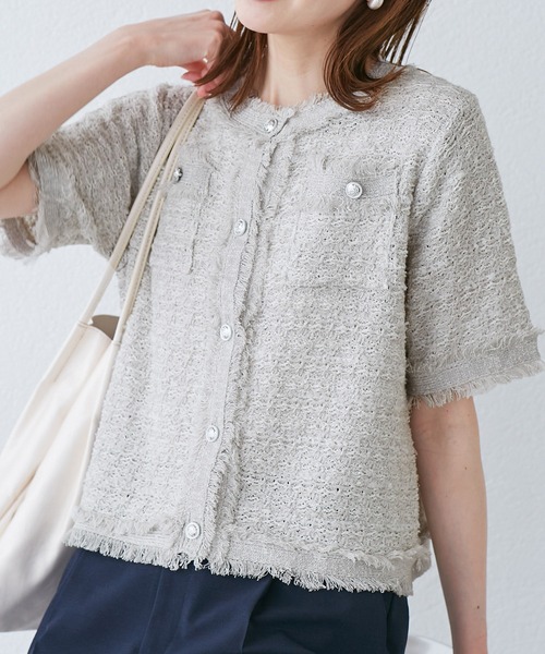 ROPE' PICNIC（ロペピクニック）の「【サマー・ツイード】ハーフスリーブカーディガン（カーディガン/ボレロ・レディース・キナリ/ブラック系その他2/グリーン/ライトグレー・38）」の4枚目の写真