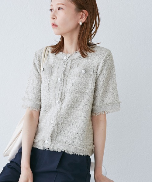 ROPE' PICNIC（ロペピクニック）の「【サマー・ツイード】ハーフスリーブカーディガン（カーディガン/ボレロ・レディース・キナリ/ブラック系その他2/グリーン/ライトグレー・38）」の22枚目の写真